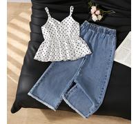 Ensemble de tenue d'été pour filles, nouveau style vintage français décontracté, top camisole blanc avec pois noirs, col en V croisé et ourlet à volants froncés, associé à un pantalon droit en denim v