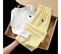 Ensemble de tenue scolaire pour jeunes filles 2 pièces, nouvelle collection d'automne, palette de couleurs dopamine, top à manches longues col Henley simple avec broderie poney + pantalon large rayé j