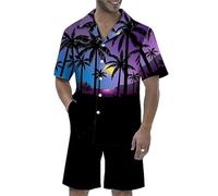 Ensemble de Tenues de Vacances 2 pièces imprimées de cocotiers pour Hommes Chemise boutonnée à Manches Courtes et Short à Cordon de Serrage avec Poches