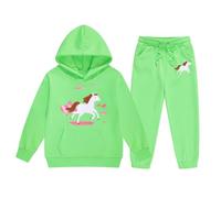 Ensemble de tenues d'hiver pour filles,sweat-shirt à capuche et jogging à imprimé cheval de dessin animé avec poche cordon,style ranch,manches longues Chemise Homme Sweat Femme(Green,12-13Ans)