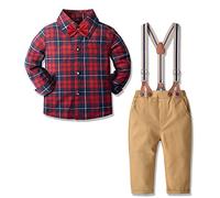 Ensemble de Tenues pour bébé garçon Ensemble de Pantalons 4 pièces pour garçon Ensemble Chemise à Manches Longues et Pantalon à Bretelles et Noeud Papillon（Beige Rouge，9-12 Mois）,70