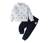 Ensemble de tenues pour garçon, décontracté, revers rayé, haut à manches longues avec pantalon, vêtements confortables pour tout-petits pour le quotidien et les activités de plein air, Blanc., 6-9