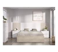 Ensemble de Tête de lit avec 2 tables de chevet avec 2 tiroirs et structure de lit, 140x190 cm + commode haute coloris imitation lamelles, blanc, chêne naturel Blanc G