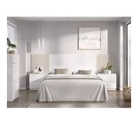 Ensemble de Tête de lit avec 2 tables de chevet de 2 tiroirs et commode haute avec 5 tiroirs coloris imitation lamelles, blanc Blanc G