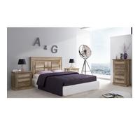 Ensemble de tête de lit avec pieds + 2 tables de chevet + chiffonnier coloris chêne vieilli