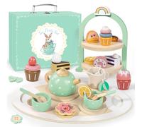 Ensemble de thé en bois pour petites filles, jouets de cuisine, plateau à thé en bois, gâteau dessert, anniversaire pour filles de 2 à 5 ans