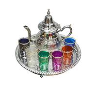 Ensemble de thé marocain complet. Comprend une théière de 800 ml, un plateau de 32 cm 6 verres en verre
