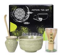 Ensemble de Thé Matcha, Fouet à Matcha, Cuillère à Matcha en Bambou, Bol à Matcha en Céramique avec Bec Verseur, Ensemble de Fouet à Matcha, Kit de Démarrage 4 Pièces pour Cérémonie du Matcha