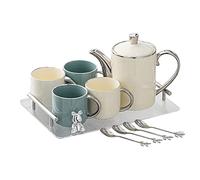 Ensemble de thé, Tasse à Eau en céramique ménage et Bouilloire, Tasse d'accueil du Salon, Ensemble de thé l'après-midi avec Plateau de Rangement et cuillère (Un 1pot + 4cups (Plateau carré))