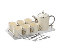 Ensemble de thé, Tasse à Eau en céramique ménage et Bouilloire, Tasse d'accueil du Salon, Ensemble de thé l'après-midi avec Plateau de Rangement et cuillère (Un 1pot + 4cups (Plateau carré))