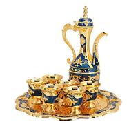 Ensemble de Thé Turc, Théière Marocaine Vintage en Métal Flacons Hanche Verre Vin Russe Ensembles Décoration Pot Bleu Café avec 6 tasses à café et plateau thé pour Cadeau Mariage D'artisanat d'art