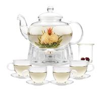Ensemble de théière en verre de 1000 ml avec infuseur à thé en vrac et réchauffeur, tasse à thé et soucoupe de 150 ml, passe sur la cuisinière et le micro-ondes, coffret cadeau pour femme