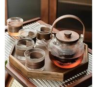 Ensemble de théière en verre résistant aux hautes températures, rétro, poignée en bois de noyer, Pot à faisceau avec plateau, service à thé (Color : 1pot 4cup 1tray)
