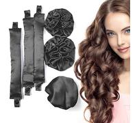 Ensemble de tiges à friser en satin sans chaleur, rouleaux doux avec bonnets et bandeau pour boucles sans chaleur - Tous types de cheveux (G-3Sets-Noir)