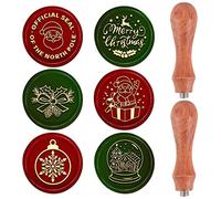 Ensemble de Timbres de Sceau de Cire de Noël CRASPIRE, 6 pièces Têtes de Tampon en Laiton D'Étanchéité Amovibles avec 2 poignées en Bois Timbre D'Étanchéité Rétro de Noël pour X'MAS EVE Fabrication de
