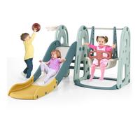 Ensemble de Toboggan pour Enfants COSTWAY-4 en 1-18+ Mois-Balançoire Réglable en 3 Hauteur-Panier et Ballon de Basket-Zone Tampon