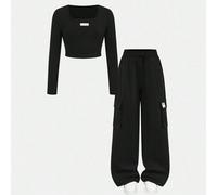 Ensemble de Top à col roulé tricoté à manches longues et pantalon cargo ample avec poches pour préadolescentes, idéal pour le port casual en automne/hiver, les sorties de week-end, les tenues assortie