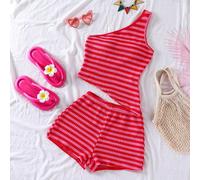 Ensemble de Top court ajusté sans manches avec épaules dénudées et ourlet asymétrique, et shorts en tricot rayé coloré, style BM, pour les adolescentes en vacances à la plage 14Y,13Y,16Y,15YRayéPolyes