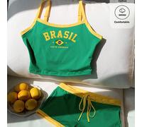 Ensemble de Top court et short imprimé de lettres colorées du drapeau du Brésil en 95% coton. Tenue d'été, convient pour le trajet quotidien, les sorties, les rendez-vous, les fêtes, Noël, le Nouvel A