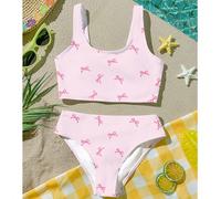 Ensemble de Top de bikini camisole et bas de bikini triangle pour filles pré-adolescentes, à rayures roses et imprimé nœud rose, style décontracté minimaliste, convient pour l'été 8Y,9Y,10Y,11Y,12YAni