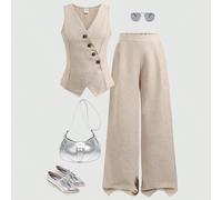 Ensemble de Top sans manches à col croisé et boutons obliques et de pantalon droit, tenue décontractée et élégante pour adolescentes, idéal pour le trajet et le quotidien, retour à l'école 8Y,9Y,10Y,1