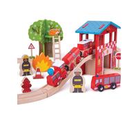 Ensemble de Train en Bois - Caserne de Pompiers et Sauvetage