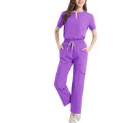 Ensemble De Travail Femme Uniformes 2 Pièces Haut À Manches Courtes et Col V Pantalon Taille Elastique Tenue Infirmiere Aide Soignante Uniforme De Travail Esthéticienne Secretaire Medicale