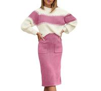 Ensemble de tricot 2 pièces pour femme composé d'un pull et d'une jupe - Ensemble élégant avec rayures bloc et manches ballon - Combinaison en maille côtelée pour l'automne et l'hiver, S