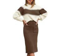 Ensemble de tricot 2 pièces pour femme composé d'un pull et d'une jupe - Ensemble élégant avec rayures bloc et manches ballon - Combinaison en maille côtelée pour l'automne et l'hiver, M