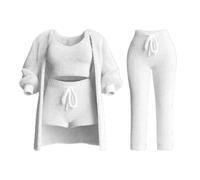 Ensemble de Tricot Misscosy 4 pièces, Ensemble de Tricot Confortable pour Femme, Pyjama en Polaire Douce, Cardigan Chaud, Manteau, Gilet, Short ou Pantalon (White,X-Large)