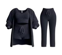 Ensemble de Tricot Misscosy 4 pièces, Ensemble de Tricot Confortable pour Femme, Pyjama en Polaire Douce, Cardigan Chaud, Manteau, Gilet, Short ou Pantalon (Black,Small)