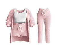Ensemble de Tricot Misscosy 4 pièces, Ensemble de Tricot Confortable pour Femme, Pyjama en Polaire Douce, Cardigan Chaud, Manteau, Gilet, Short ou Pantalon (Pink,Large)