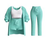 Ensemble de Tricot Misscosy 4 pièces, Ensemble de Tricot Confortable pour Femme, Pyjama en Polaire Douce, Cardigan Chaud, Manteau, Gilet, Short ou Pantalon (Green,Small)
