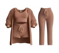 Ensemble de Tricot Misscosy 4 pièces, Ensemble de Tricot Confortable pour Femme, Pyjama en Polaire Douce, Cardigan Chaud, Manteau, Gilet, Short ou Pantalon (Brown,Medium)