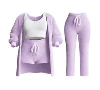 Ensemble de Tricot Misscosy 4 pièces, Ensemble de Tricot Confortable pour Femme, Pyjama en Polaire Douce, Cardigan Chaud, Manteau, Gilet, Short ou Pantalon (Purple,Medium)