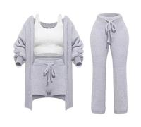 Ensemble de Tricot Misscosy 4 pièces, Ensemble de Tricot Confortable pour Femme, Pyjama en Polaire Douce, Cardigan Chaud, Manteau, Gilet, Short ou Pantalon (Gray,Large)