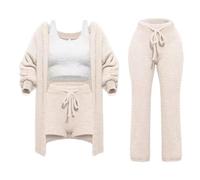 Ensemble de Tricot Misscosy 4 pièces, Ensemble de Tricot Confortable pour Femme, Pyjama en Polaire Douce, Cardigan Chaud, Manteau, Gilet, Short ou Pantalon (Apricot,Small)
