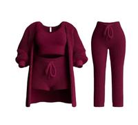 Ensemble de Tricot Misscosy 4 pièces, Ensemble de Tricot Confortable pour Femme, Pyjama en Polaire Douce, Cardigan Chaud, Manteau, Gilet, Short ou Pantalon (Red,Medium)