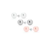 Ensemble de trois boucles d'oreilles clous classiques simples élégantes avec grandes perles simulées gris clair, rose et blanc pour femmes et adolescentes en argent sterling .925 12MM