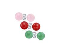 Ensemble De Trois Boucles D'Oreilles En Forme De Boule Ronde En Pierres Semi-Précieuses Simples : Quartz Rose Clair Teinté Rouge Cornaline Naturelle Aventurine Verte En Argent Sterling .925 8Mm.