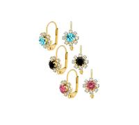 Ensemble de trois boucles d'oreilles pendantes en laiton plaqué or 18K avec fleurs en cristal bleu sarcelle, violet, lavande, noir et blanc pour femmes.