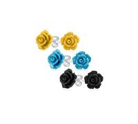 Ensemble de trois boucles d'oreilles romantiques délicates en forme de fleurs sculptées en 3D bleu jaune noir pour femmes adolescentes pour mère plaqué argent.