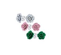 Ensemble de trois boucles d'oreilles romantiques délicates florales sculptées en 3D vert foncé violet mauve argenté en forme de rose pour femmes adolescentes pour mère plaqué argent.