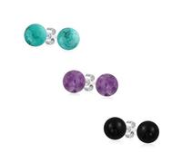 Ensemble De Trois Boucles D'Oreilles Simples En Forme De Boule Ronde En Améthyste Violette Turquoise Onyx Pour Femmes En Argent Sterling .925 8MM