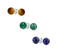 Ensemble De Trois Boucles D'Oreilles Simples En Malachite Lapis-Lazuli Et Œil De Tigre En Forme De Boule Ronde Pour Femmes Et Hommes En Argent Sterling .925 8MM