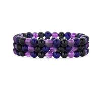 Ensemble De Trois Bracelets Extensibles En Perles Rondes De 6 MM En Pierres Semi-Précieuses Simples : Améthyste Violette Lapis Bleu Tourmaline Noire Pour Femmes Superposables Et Empilables