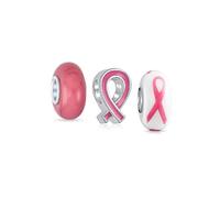 Ensemble De Trois Breloques Intercalaires Solides Ruban Rose Pour Survivantes Du Cancer Du Sein Pour Femmes Pour Adolescentes S'Adapte Au Bracelet Européen En Verre De Murano En Argent Sterling .925