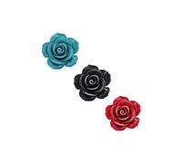 Bling Jewelry Ensemble de Trois Broches romantiques à déclaration de Mode avec Grande Rose Fleurie sculptée en 3D Rouge, Noire et Bleue pour Femmes Adolescentes.