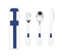 Ensemble de trois couteaux, fourchettes et cuillères pour enfants avec drapeau finlandais, les manches sont en plastique PP et en acier inoxydable 430.