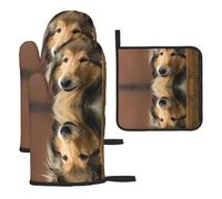 Ensemble de Trois Gants de Cuisine résistants à la Chaleur, antidérapants et adaptés au Four. Motifs : Colley à Poil Long, Lassie, Gros Chiens à Poils Longs.